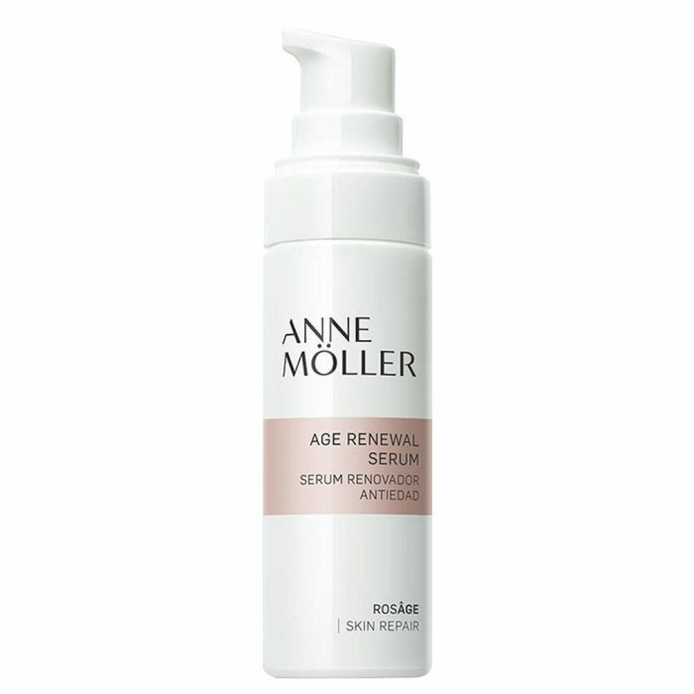 Weiße Flasche mit Pumpe. Aufschrift: ANNE MÖLLER, AGE RENEWAL SERUM, ROSÂGE SKIN REPAIR.