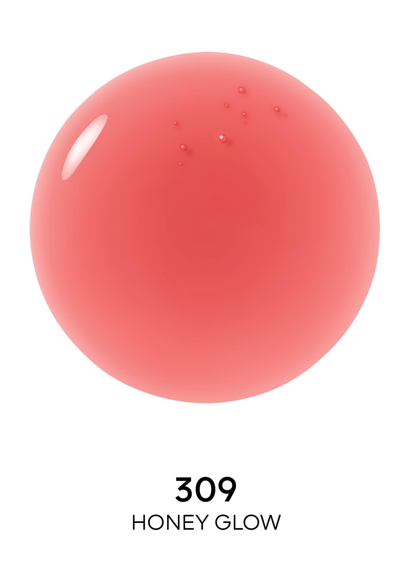 Runder, rosafarbener Lipgloss-Tropfen. Unten steht "309 HONEY GLOW".