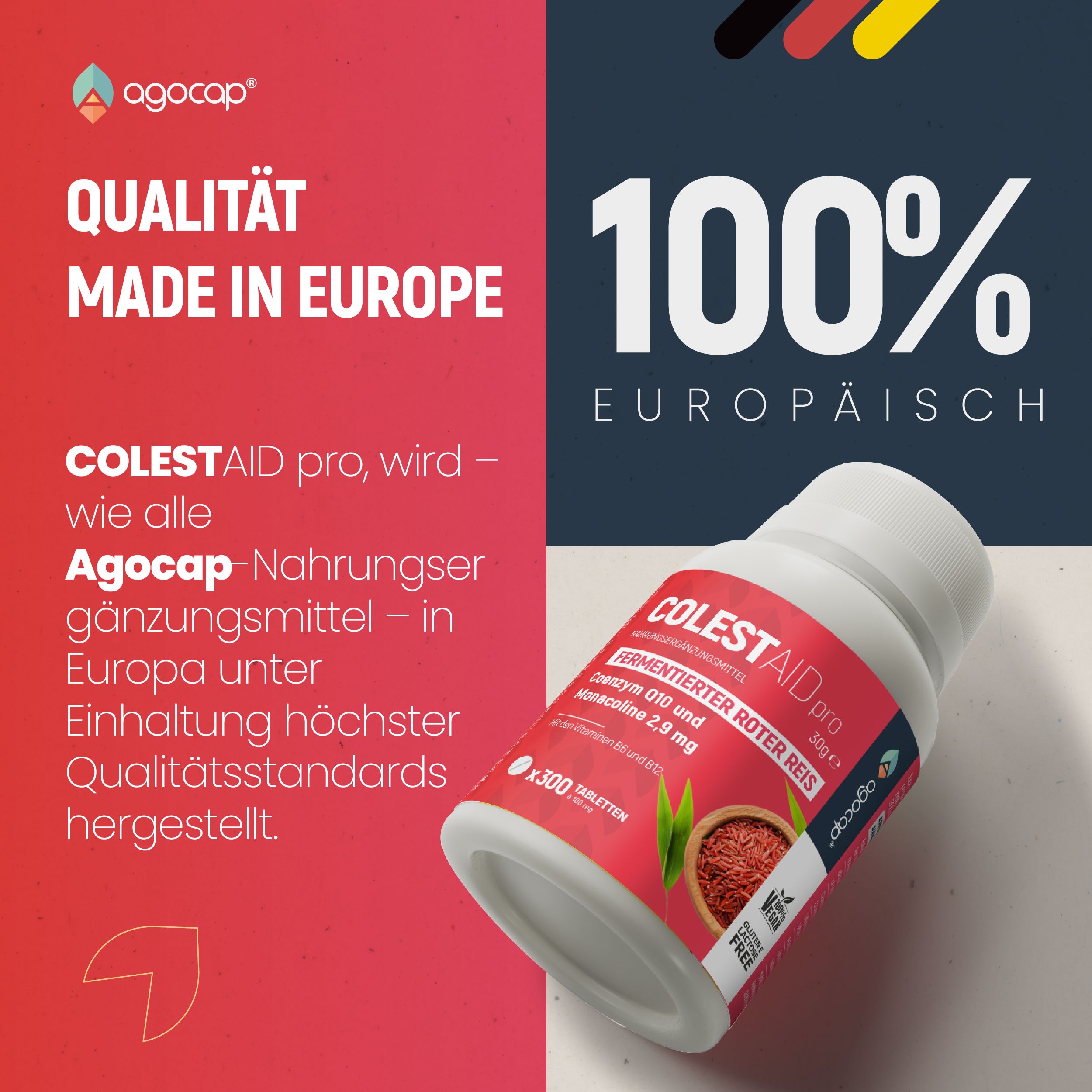 Pillenbehälter. Text: COLESTAID pro, hergestellt in Europa. 100% europäisch. Vegan, gluten- und laktosefrei. Agocap-Nahrungsergänzungsmittel.