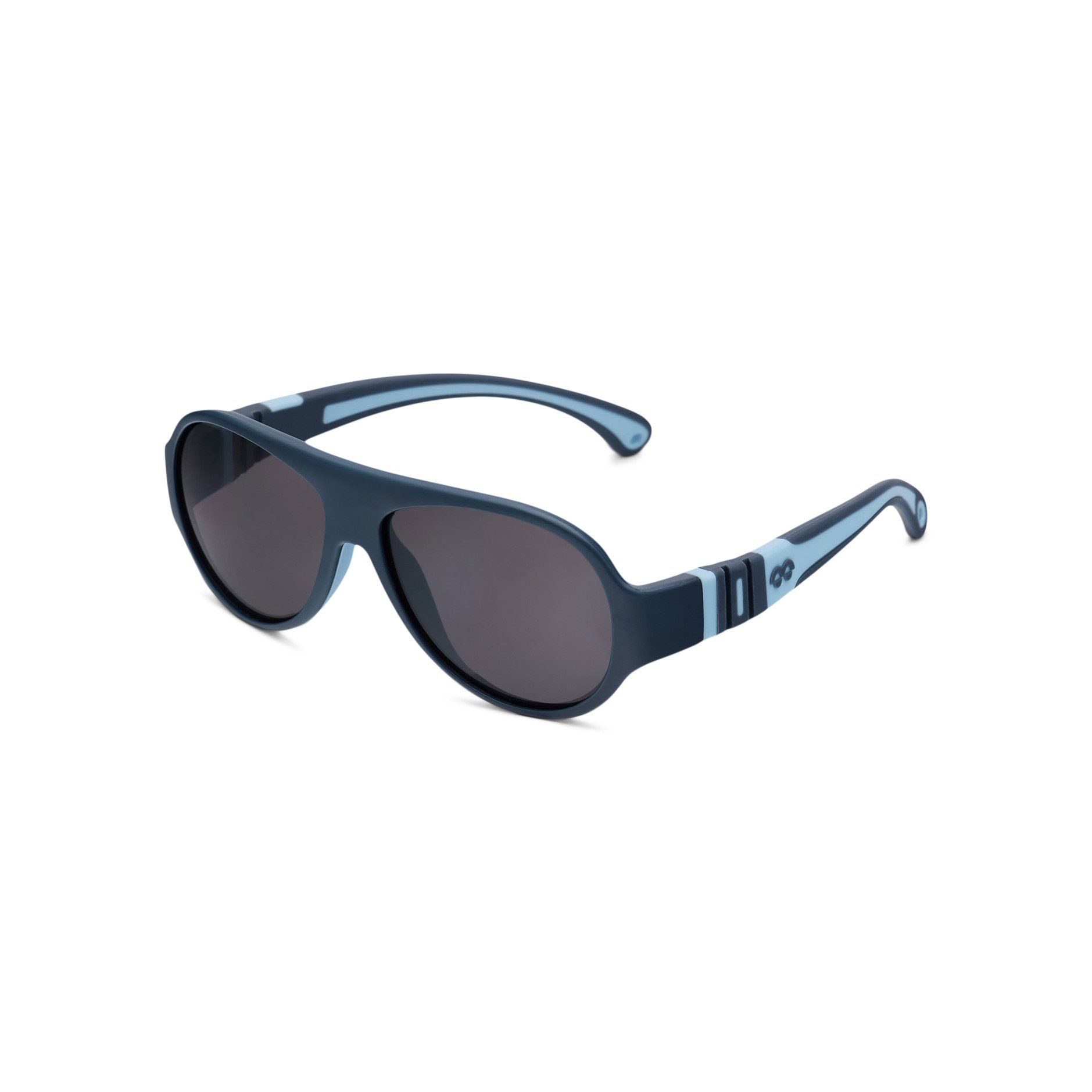 Dunkelblaue Sonnenbrille im Aviator-Stil. Blaue Bügel mit Logo. Dunkle Gläser.