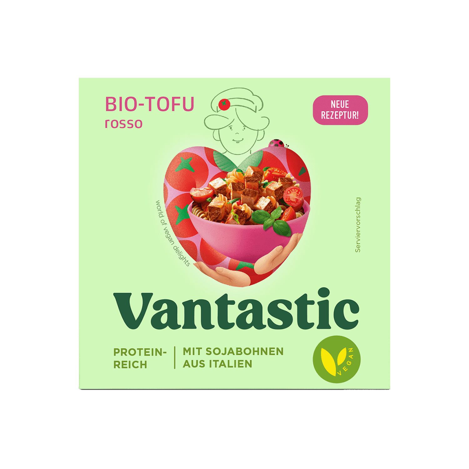 Verpackung mit Bio-Tofu Rosso. Aufschrift: Vantastic, proteinreich, mit Sojabohnen aus Italien. Vegan-Siegel.