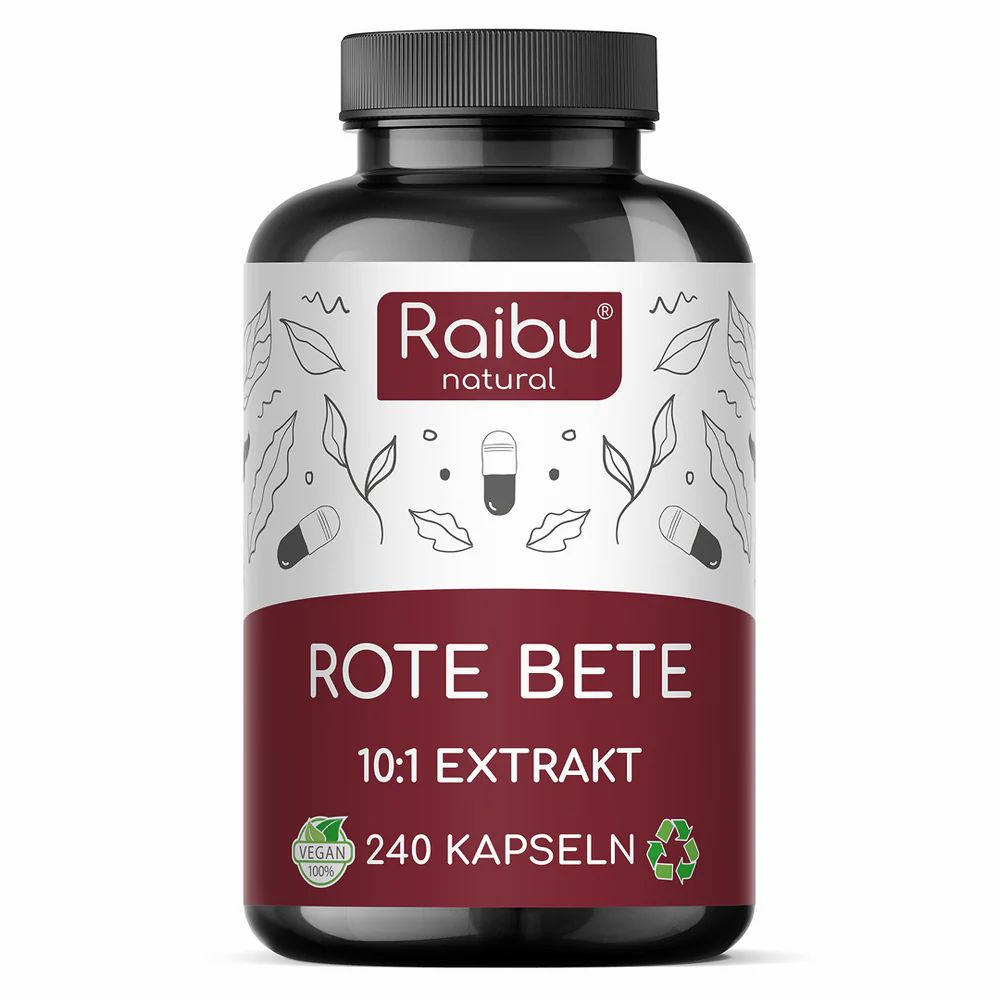 Raibu - Rote Beete Kapseln Hochdosiert 14.000 mg Vegan 10:1 Extrakt mit natürlichen Nitraten 240 St