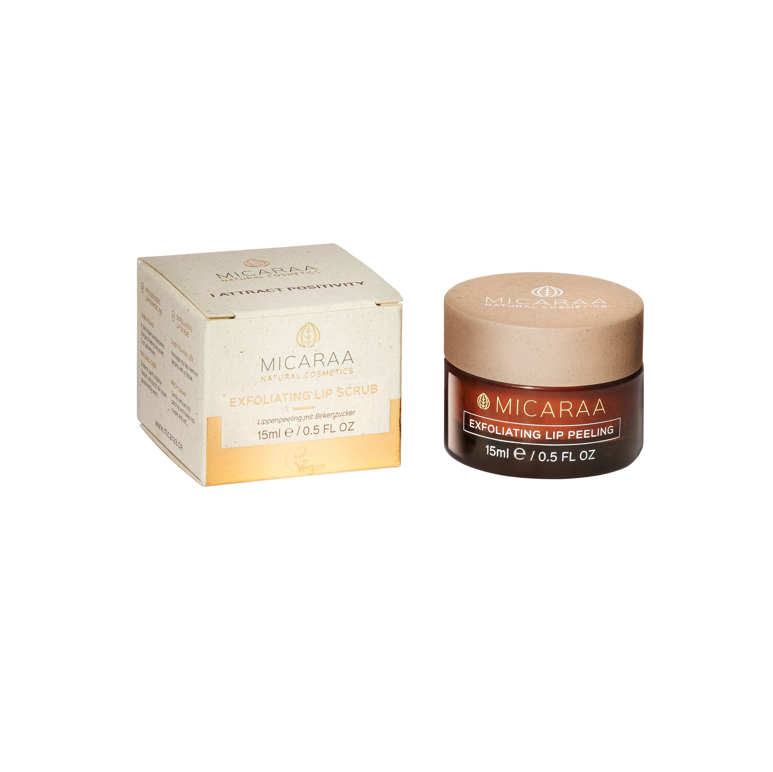 Produktverpackung und Dose. Aufschrift: MICARAA, Exfoliating Lip Peeling, 15ml / 0.5 FL OZ. Beige Verpackung.