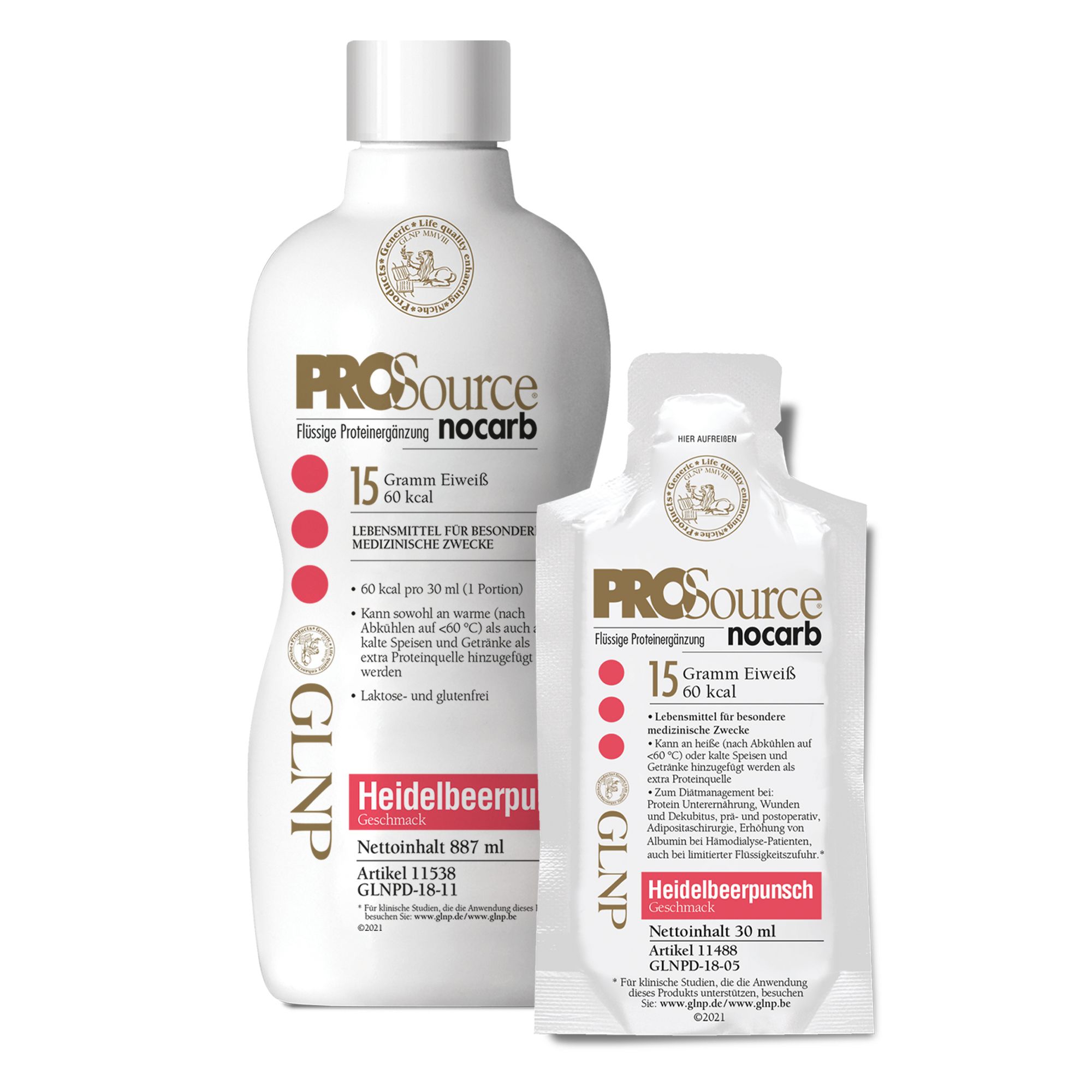 PROSource Nocarb-Flasche und Beutel. Beutel mit PROSource-Logo, Heidelbeerpunsch, 15g Eiweiß, 60 kcal. GLNP-Logo.