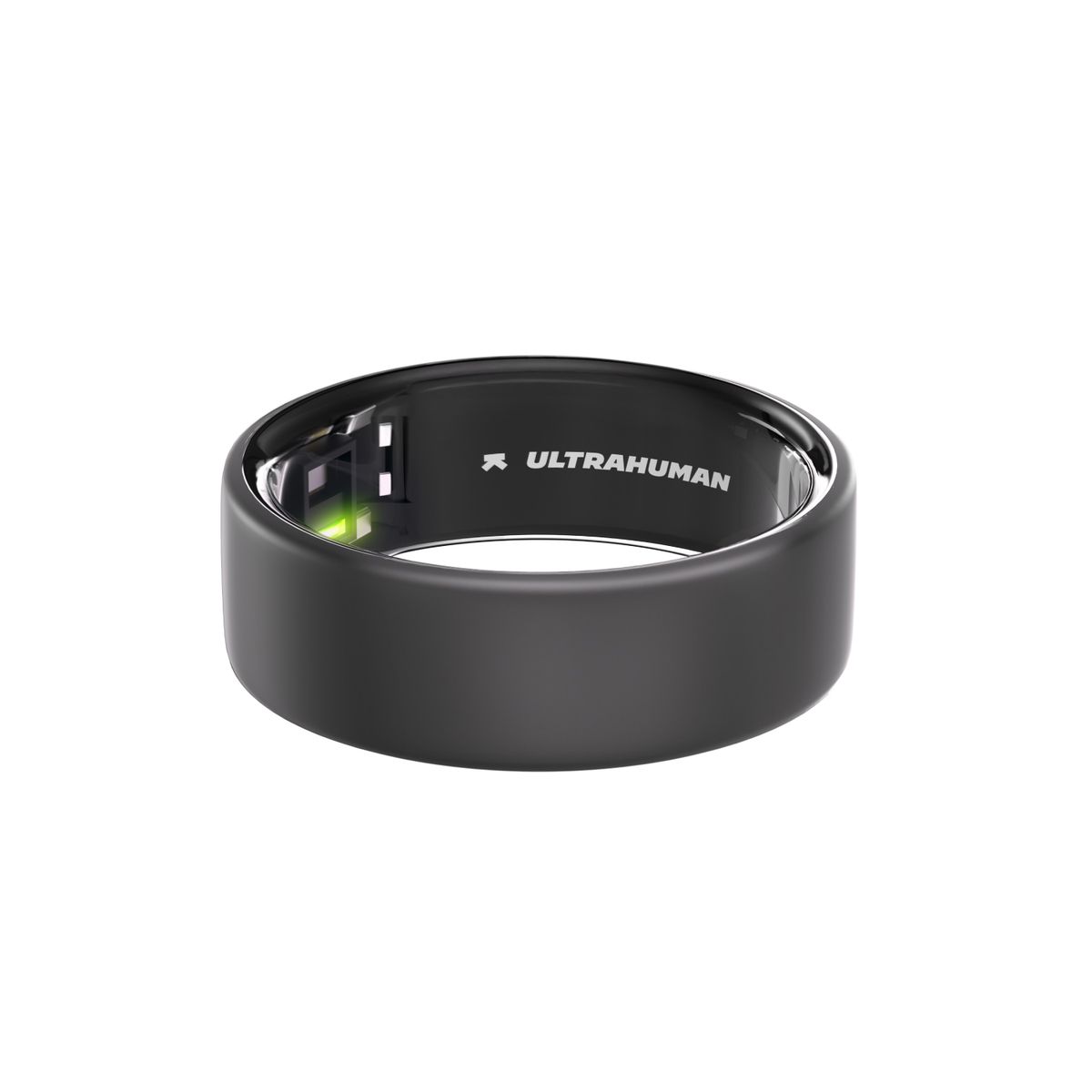 Mattschwarzer Ring. Innen steht 'ULTRAHUMAN'. Runde Form. Sichtbare elektronische Komponenten.