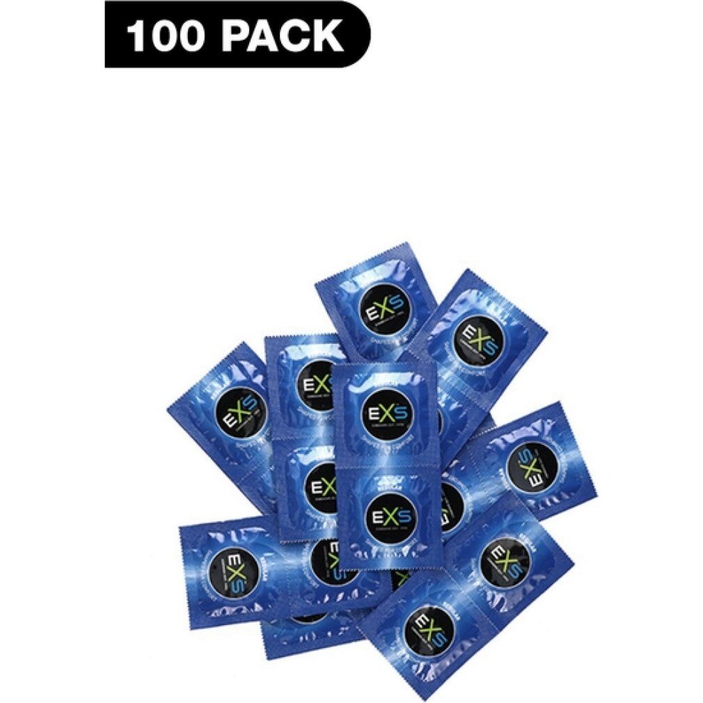Haufen einzeln verpackter EXS Kondome. Blaue Verpackung mit Logo.