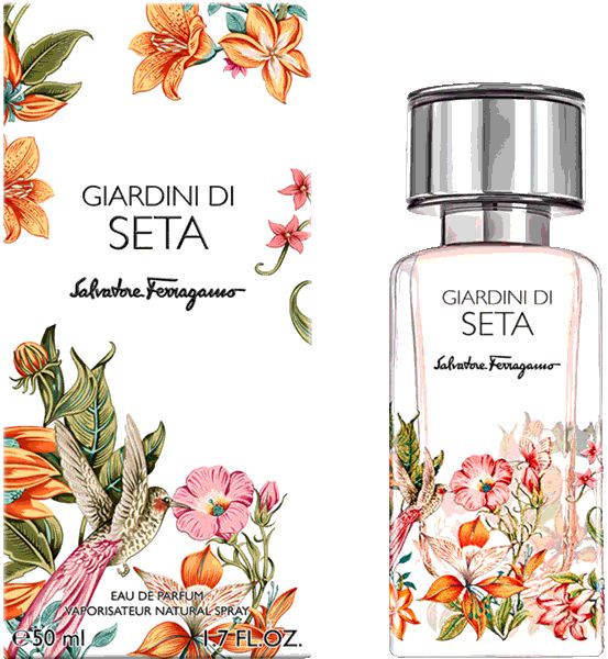 Parfümflakon und Verpackung. Aufschrift Giardini di Seta, Salvatore Ferragamo. Blumendekor mit Vogel. 50 ml.