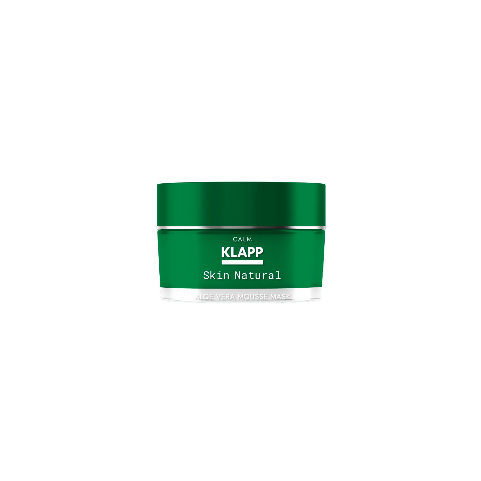 Grüner Tiegel mit silbernem Deckel. Aufschrift: Klapp Skin Natural Aloe Vera Mousse Mask. Produktvolumen: 50 ml.