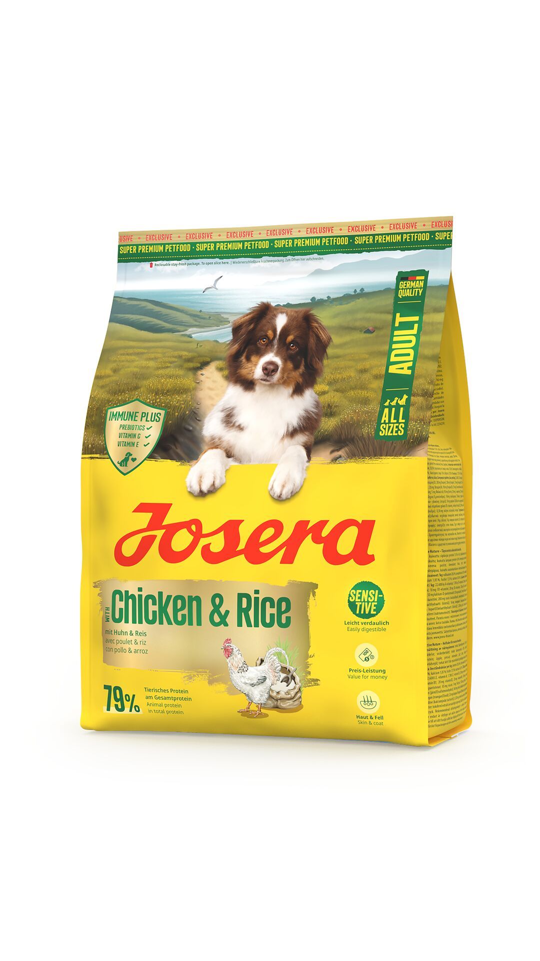 Gelber Beutel mit Hund und Aufschrift JOSERA Adult Chicken & Rice. Enthält Huhn und Reis. Mit Logo und Text.
