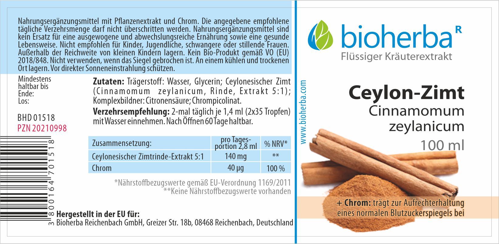 Bioherba Ceylon-Zimt Cinnamomum zeylanicum Tropfen Tinktur