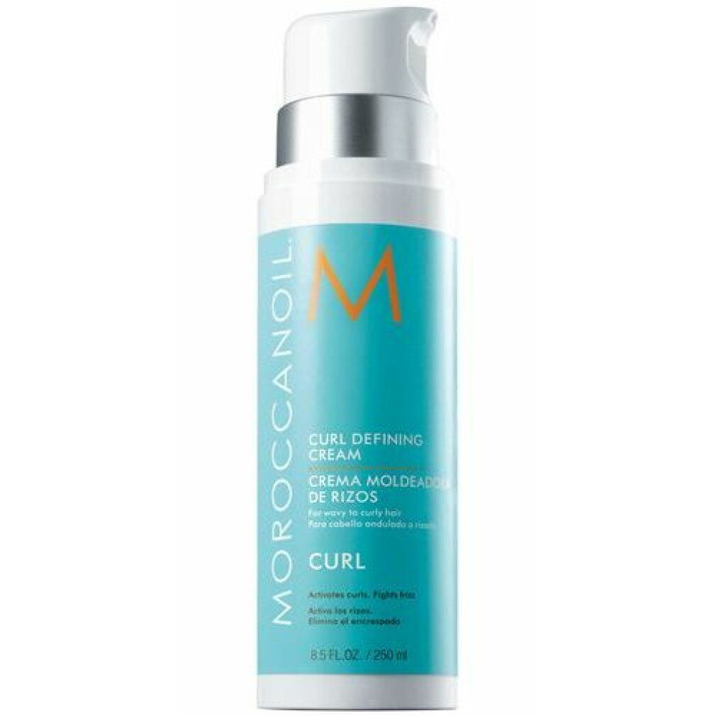 Weiß-türkise Flasche mit Pumpe. Text: Moroccanoil, Creme Modelage de Rizos, Curl. 8.5 FL.OZ. / 250 ml.