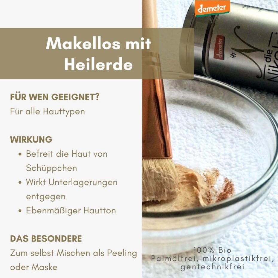 Produkt in Glasschale mit Pinsel. Text: Für alle Hauttypen, Wirkung, Das Besondere: Zum selbst Mischen.
