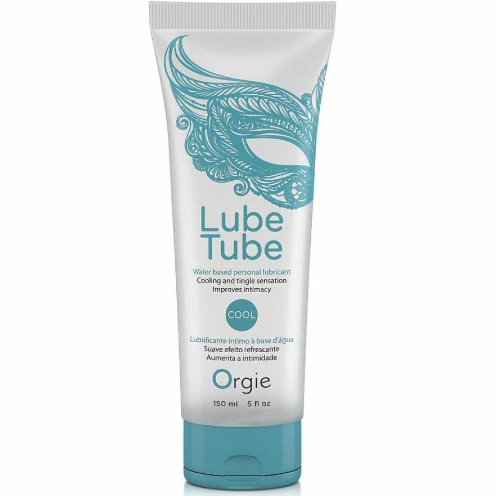 Tube mit Produktbezeichnung Lube Tube Cool. Text: Water based personal lubricant. Marke: Orgie. Türkis-farbener Verschluss.