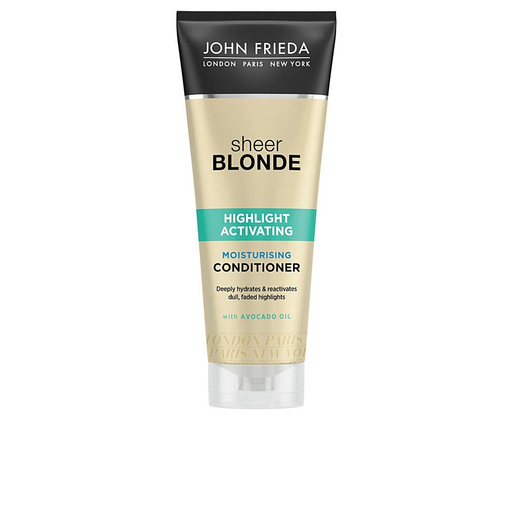 John Frieda Sheer Blonde Conditioner. Tube mit schwarzem Deckel und hellgelbem Körper. Text: Sheer Blonde, Highlight Activating, Moisturising Conditioner.