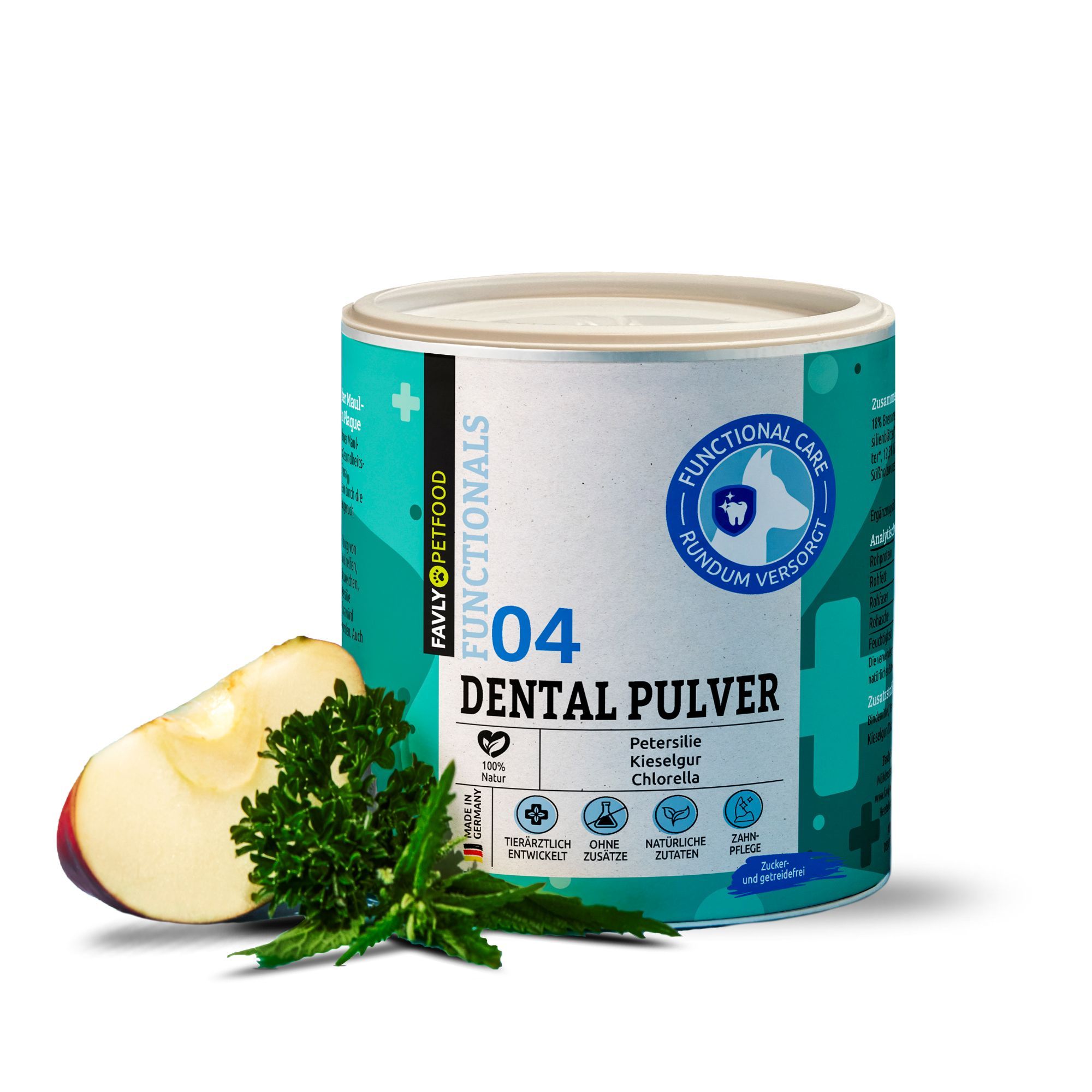 Dose "Dental Pulver" mit Apfel- und Kräuterdekoration. Türkis-weißes Design, Logos und Text. "Favly Petfood"-Logo sichtbar.