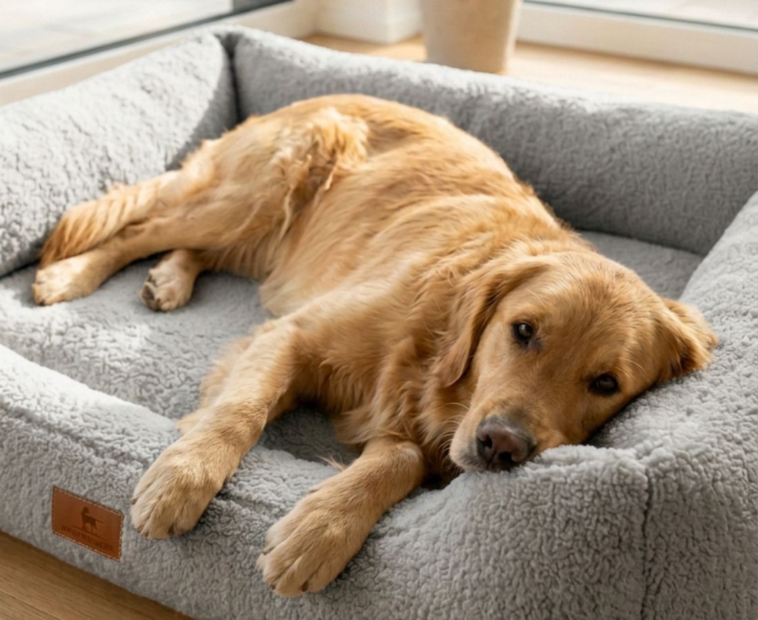 Golden Retriever ruht sich auf einem grauen, orthopädischen Hundebett aus.
