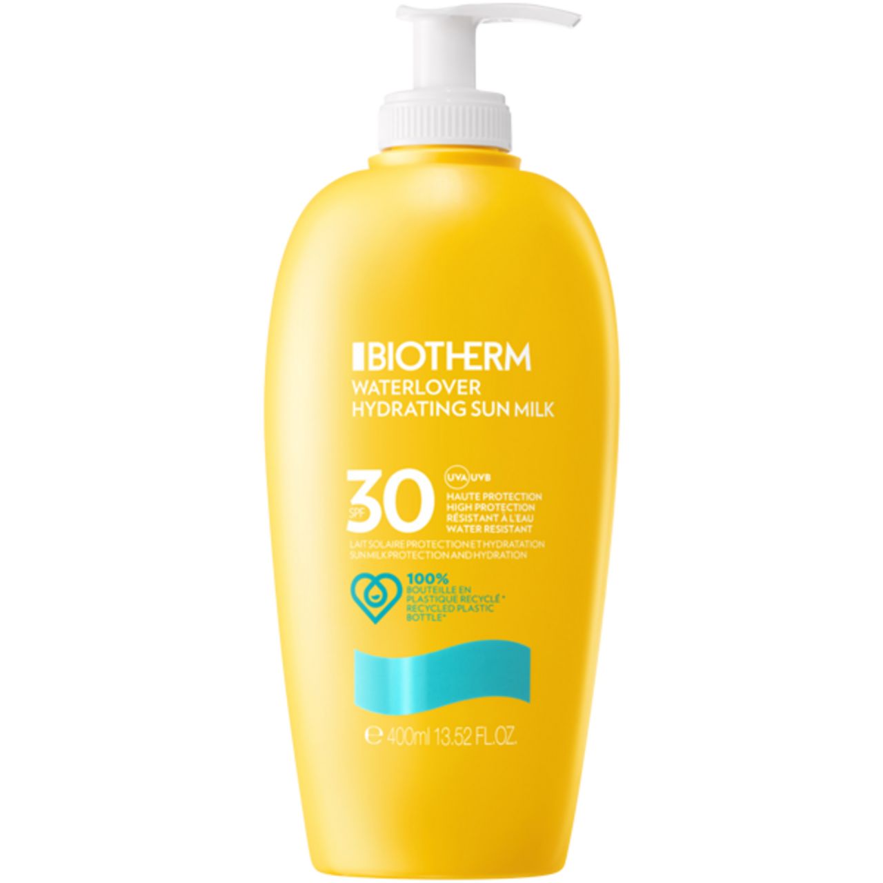 Gelbe BIOTHERM Sonnenmilch Flasche mit Spender. Text: Waterlover Hydrating Sun Milk LSF30. 400ml.