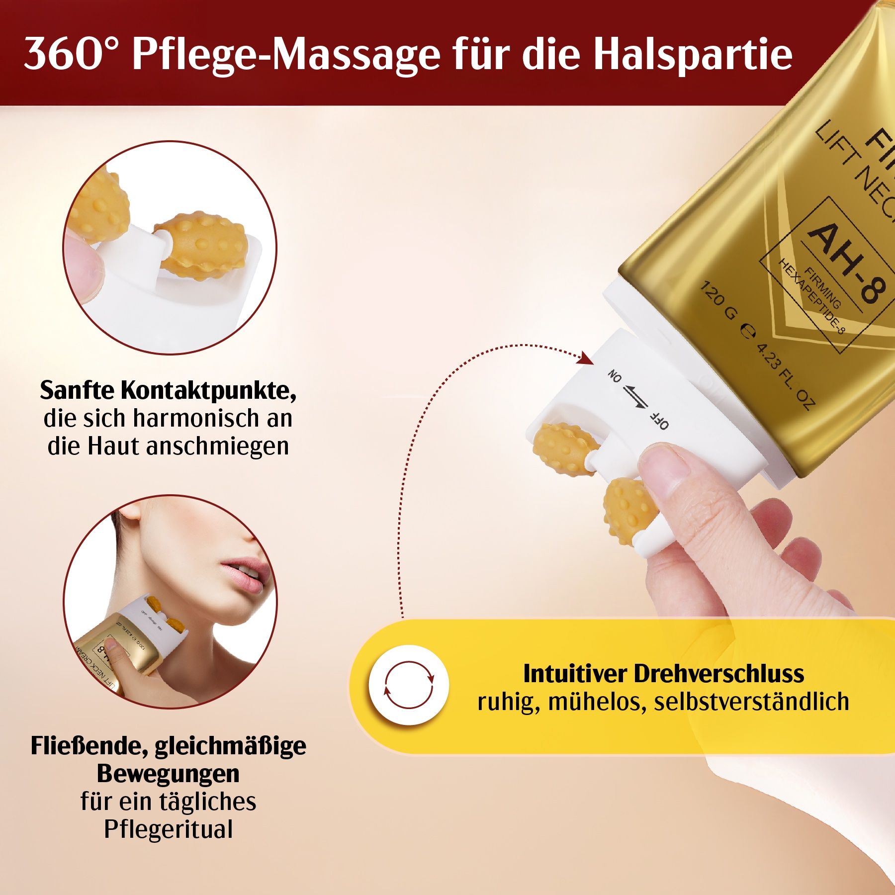 Goldfarbene Tube mit 'ikzee Firming Lift Neck Cream AH-8'. Zwei Massageköpfe. Text: Intuitiver Drehverschluss, fließende Bewegungen für ein tägliches Pflegeritual.