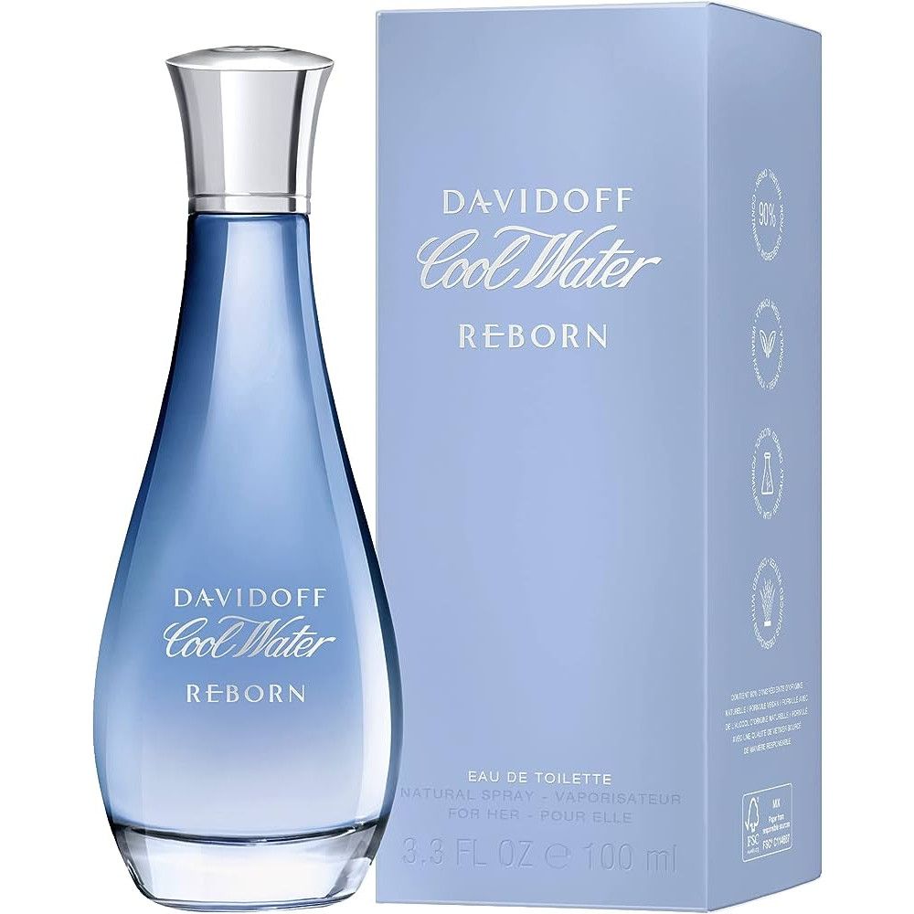 Hellblaue Flasche mit silbernem Verschluss und hellblauer Verpackung. Aufschrift: Davidoff Cool Water Reborn.