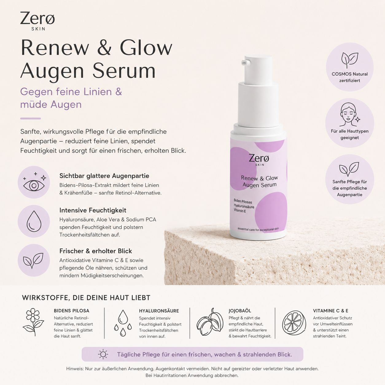 Werbefläche für Zero Skin Renew & Glow Augen Serum. Flasche mit Text und Illustrationen. Text in Deutsch.