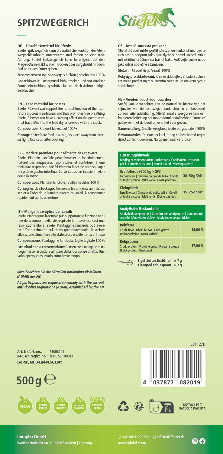 Rückseite der Stiefel Spitzwegerich Verpackung. Text in Deutsch, Französisch, Italienisch, Niederländisch. Enthält Informationen zu Inhaltsstoffen und Dosierung.