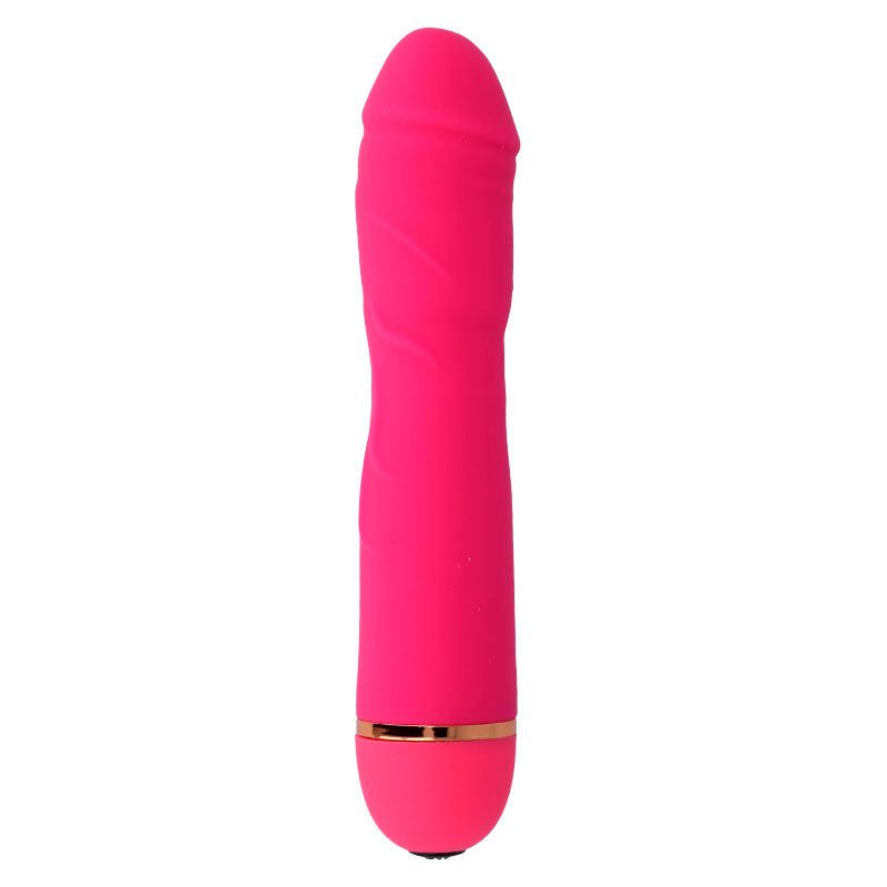 Pinkfarbener Vibrator mit abgerundeter Spitze und goldfarbenem Ring am unteren Ende. Glatte Oberfläche.