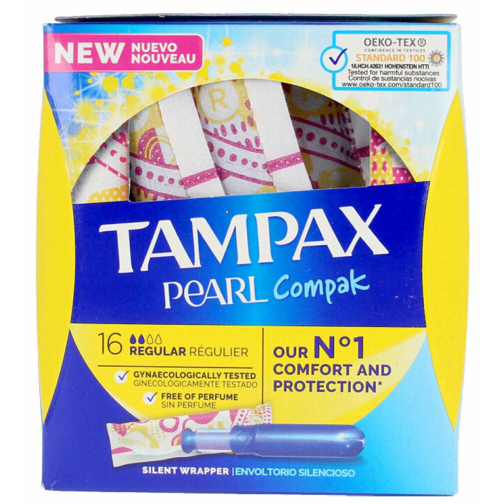 Verpackung von Tampax Pearl Compak Regular Tampons. Enthält 16 Stück. Mit Aufdrucken und dem Hinweis auf Komfort und Schutz.