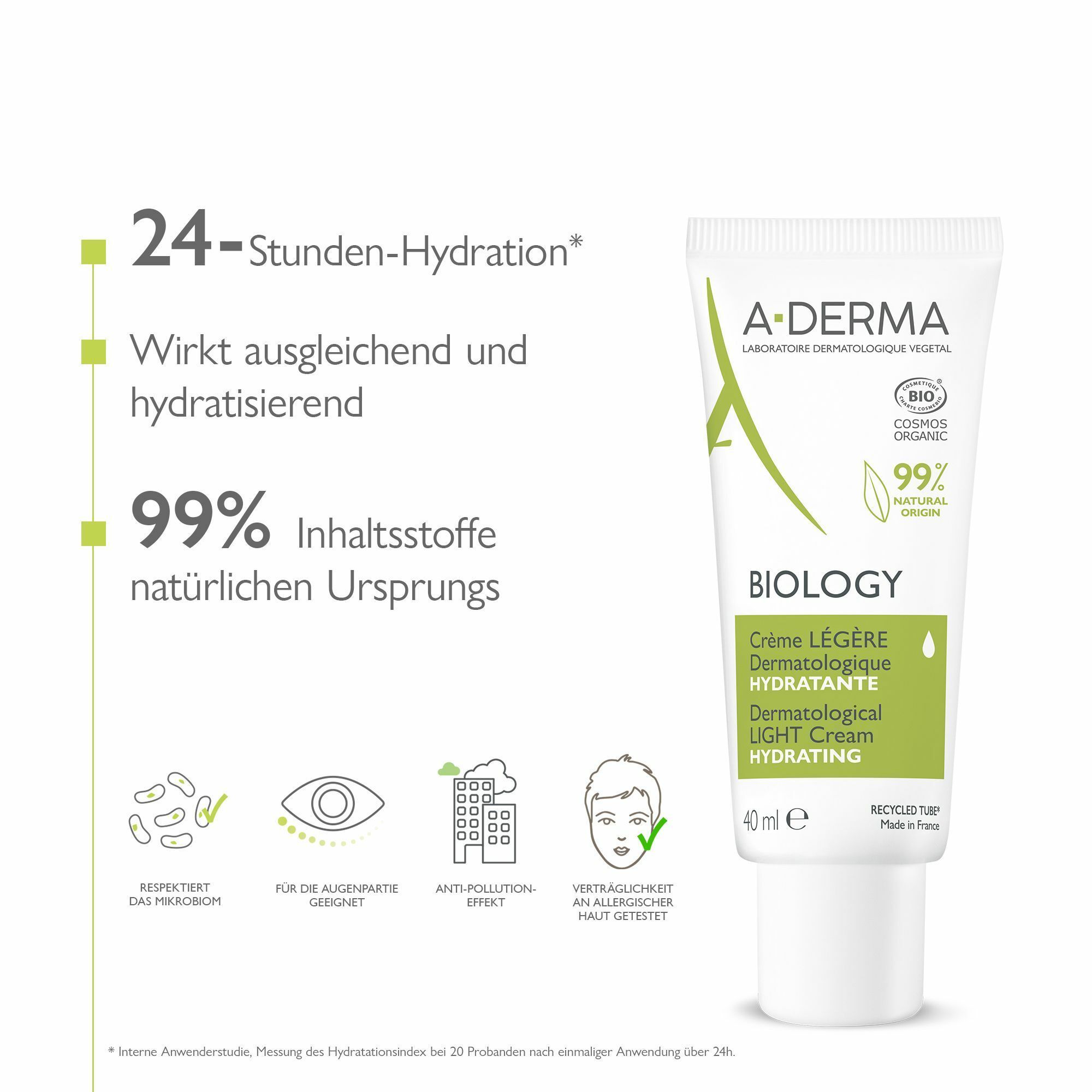 Weiße Tube mit grünen Akzenten. Text: A-DERMA BIOLOGY, Creme Légère, Dermatologische Hydratante, 40 ml. 99% Inhaltsstoffe natürlichen Ursprungs.