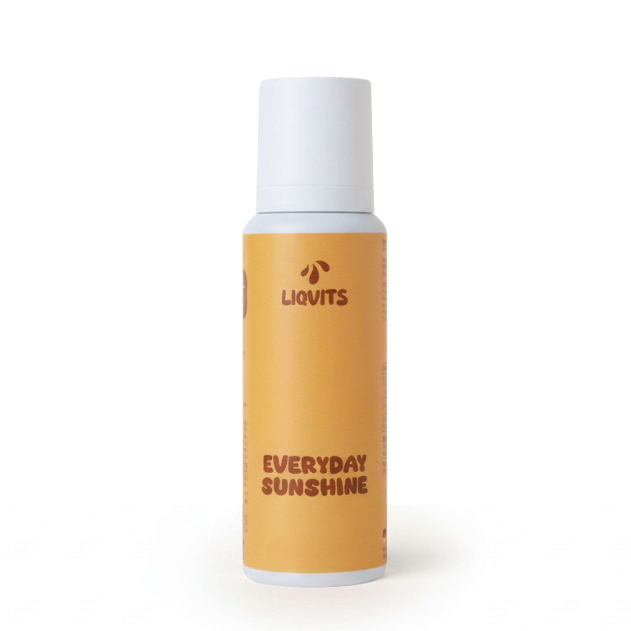 Gelbe Flasche mit weißem Deckel. Aufschrift: LIQUITS, EVERYDAY SUNSHINE.