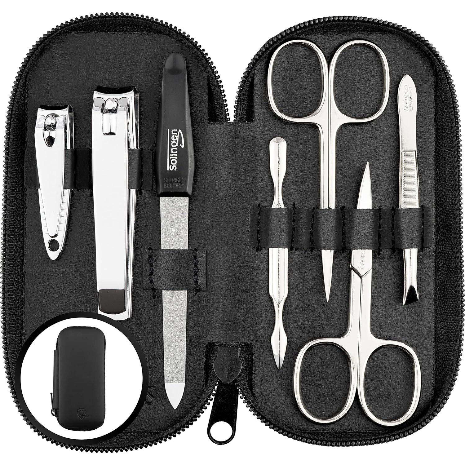Schwarzes Maniküre-Set in Etui. Enthält Nagelscheren, Feile, Nagelknipser und weitere Werkzeuge. Reißverschluss-Etui.