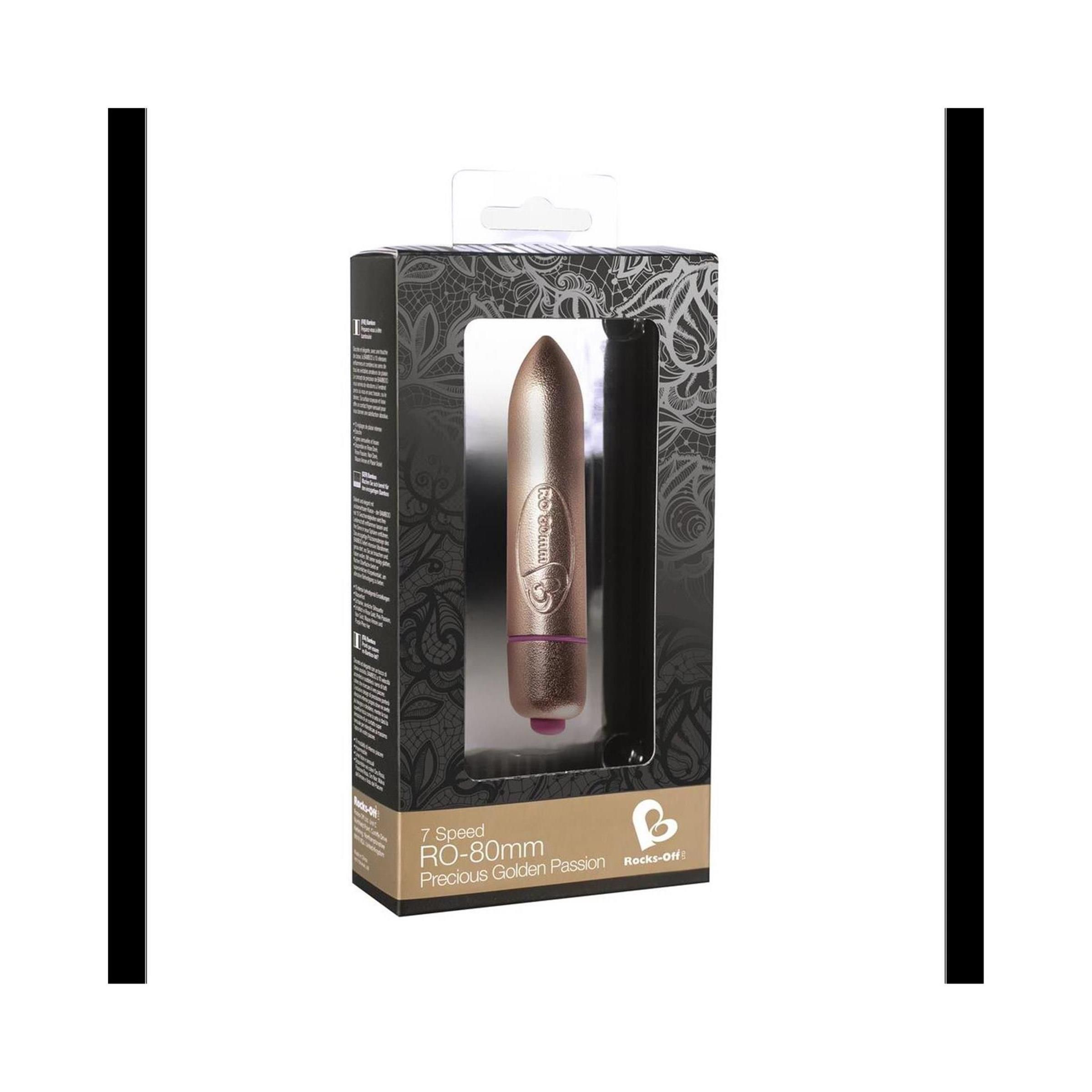 Goldfarbener Bullet-Vibrator in Verpackung. Sichtbar: Produktname, 7 Geschwindigkeiten, 80mm. Schwarze Verpackung mit floralem Muster.