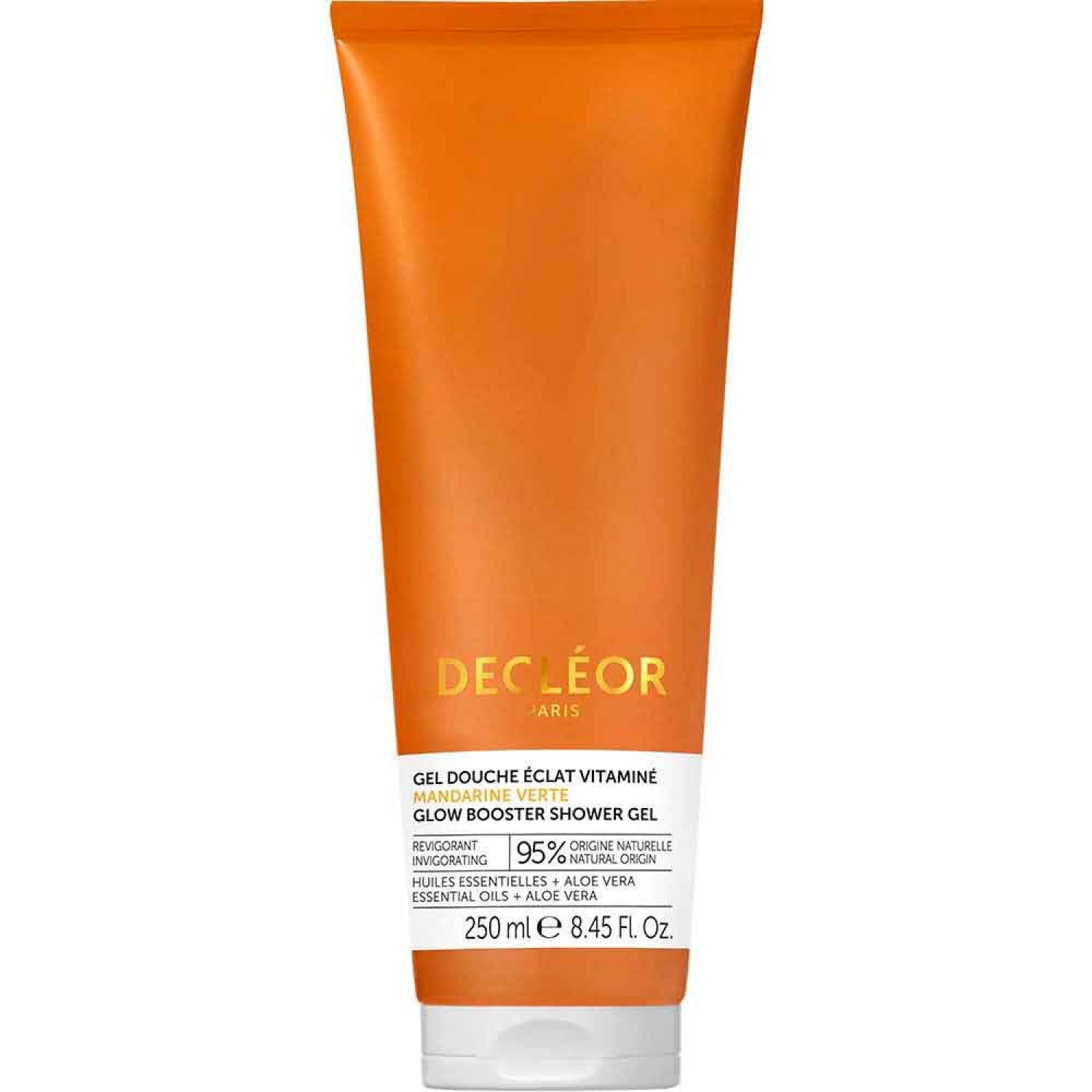 Orangefarbene Tube mit weißem Deckel. Text: DECLEOR PARIS, GEL DOUCHE ÉCLAT VITAMINE, GLOW BOOSTER SHOWER GEL, 250 ml e 8.45 FL Oz.
