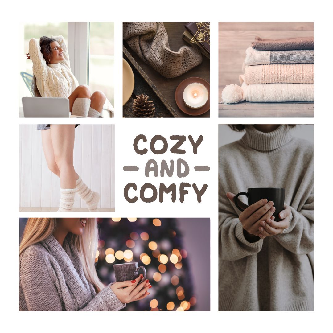 Collage: Frau mit Tasse, gestrickte Kleidung, Kerze, Text: Cozy and Comfy.
