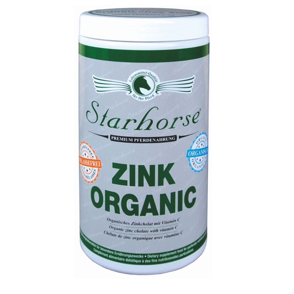 Zylinderförmige Dose Starhorse ZINK Organic. Weißer Deckel, graues Etikett mit Schriftzug und Logo. Aufschrift: Zink Organic, glutenfrei, Bio.