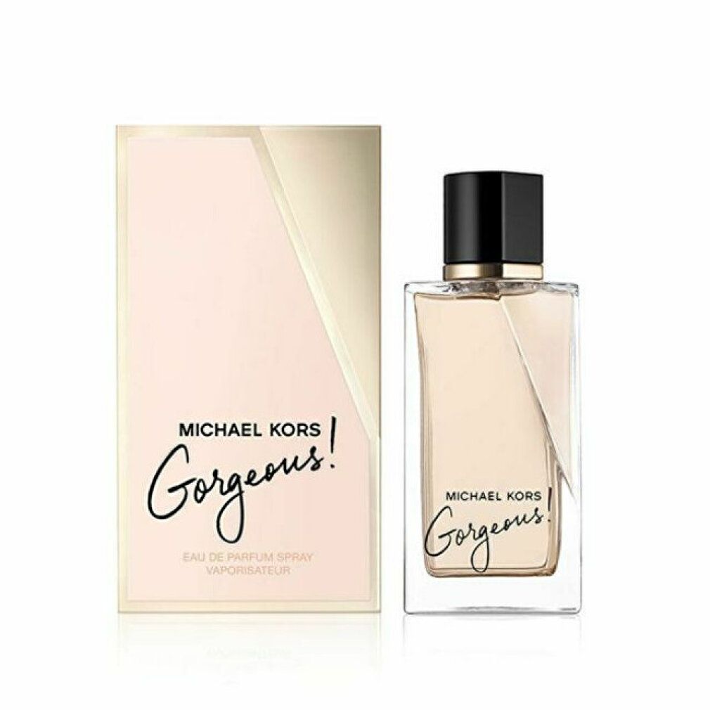 Parfümflasche und Verpackung. Aufschrift: MICHAEL KORS Gorgeous!. Flasche und Verpackung in Rosa- und Goldtönen.