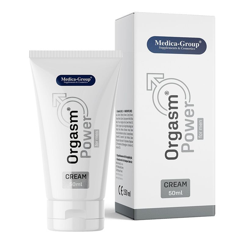 Produktverpackung und Tube nebeneinander. Text: Orgasm Power for men Creme, 50ml. Medica-Group Logo. CE-Kennzeichnung.