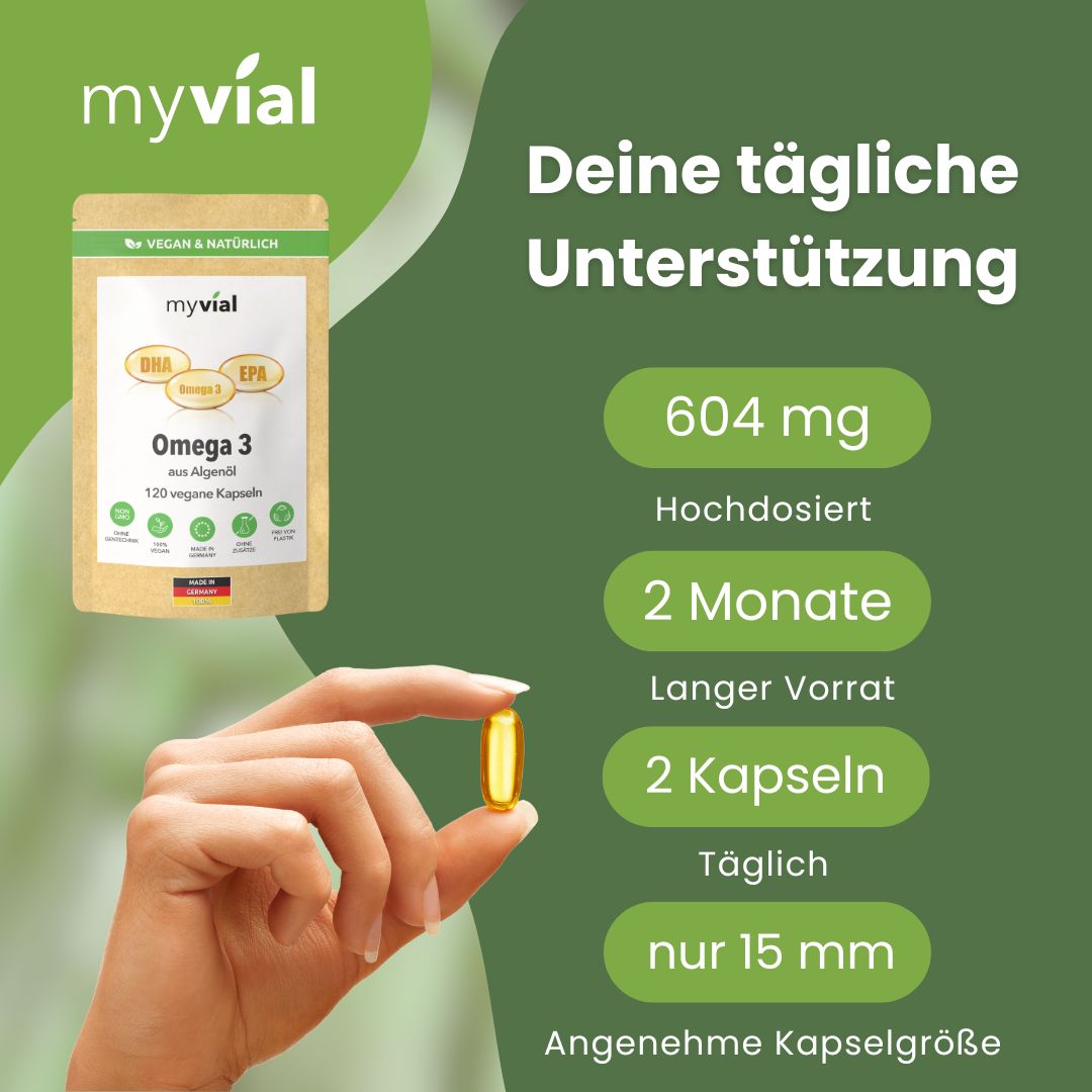 myvial® Omega 3 Kapseln - vegan aus Algenöl EPA & DHA - 600 mg hochdosiert
