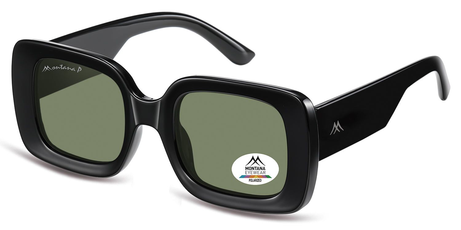 Schwarze Sonnenbrille, seitliche Ansicht. Quadratische Gläser, Montana Eyewear Logo. Polarized-Aufkleber auf dem Glas.