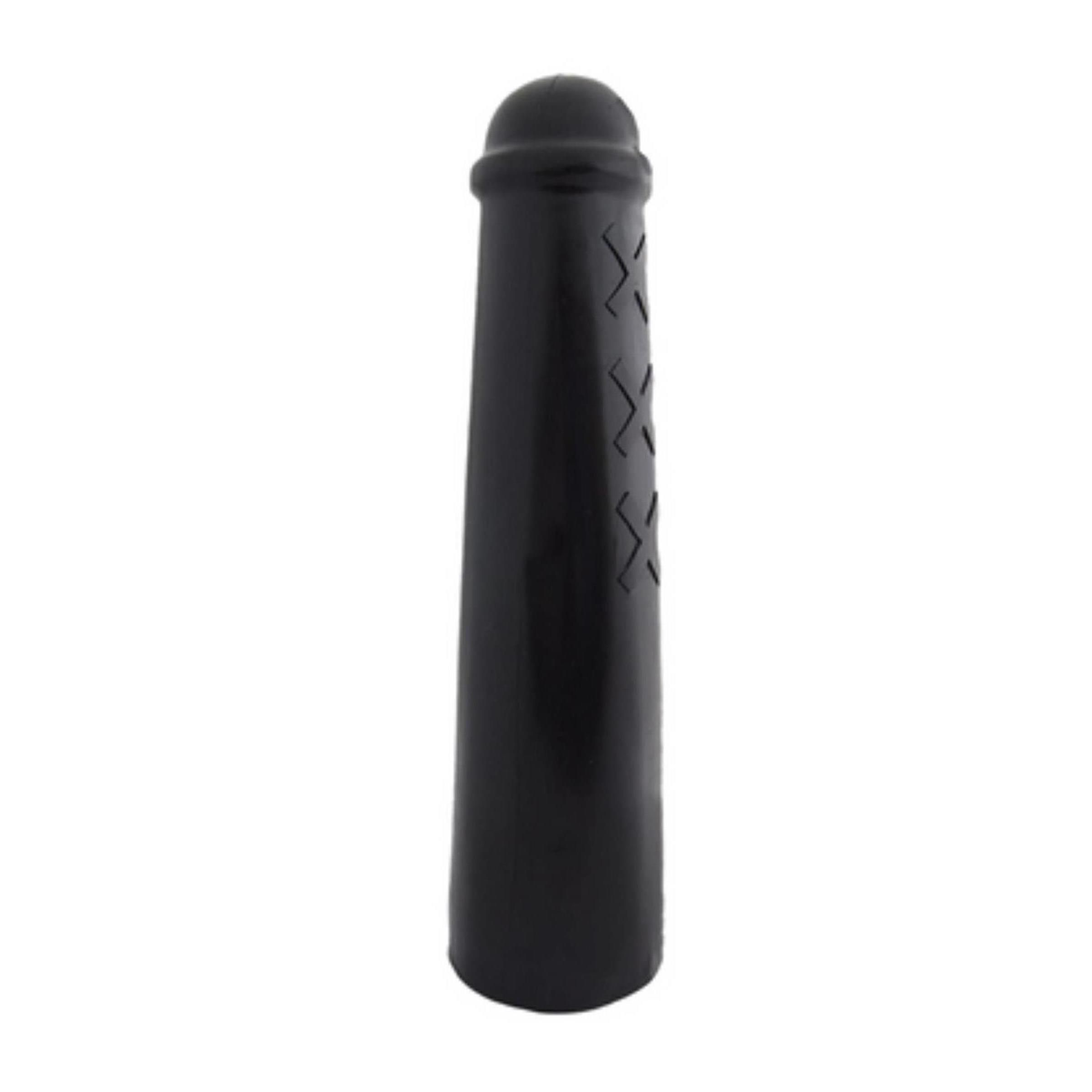Schwarzes, zylindrisches Produkt mit abgerundeter Spitze. Drei X-förmige Muster sind auf der Oberfläche sichtbar.