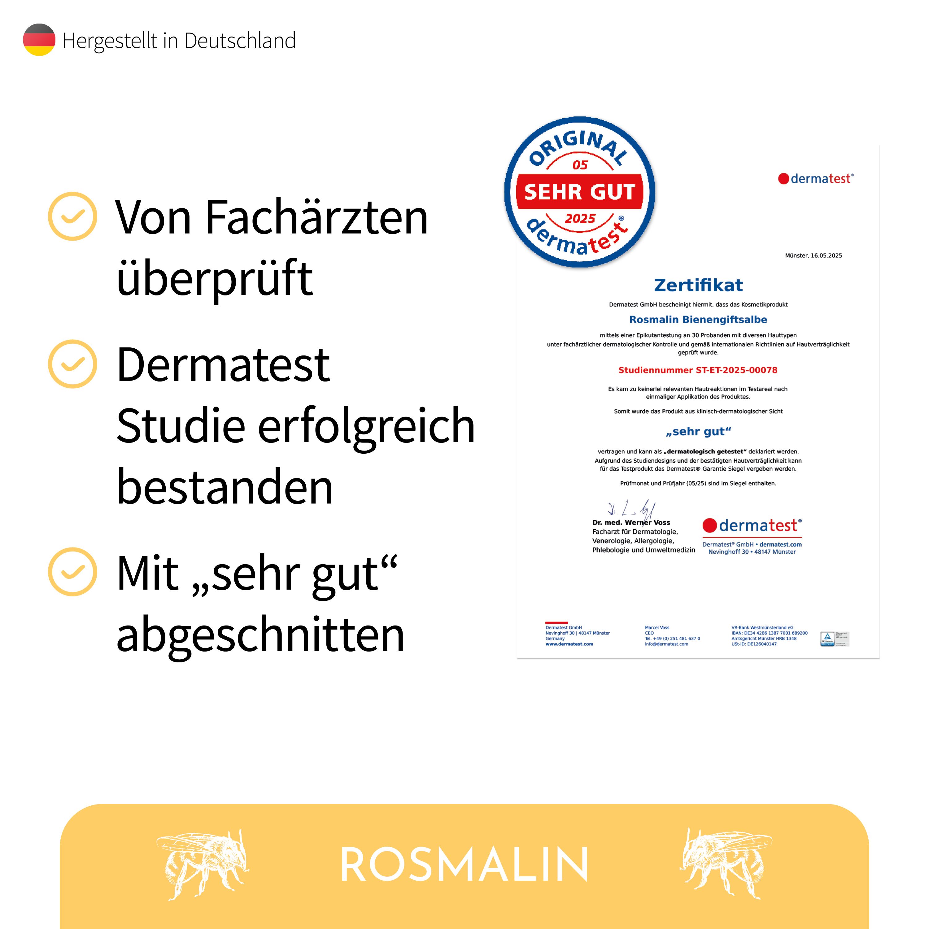 Zertifikat mit Text. Dermatest-Siegel. Text: Von Fachärzten geprüft, Dermatest-Studie erfolgreich bestanden, mit „sehr gut“ abgeschnitten.
