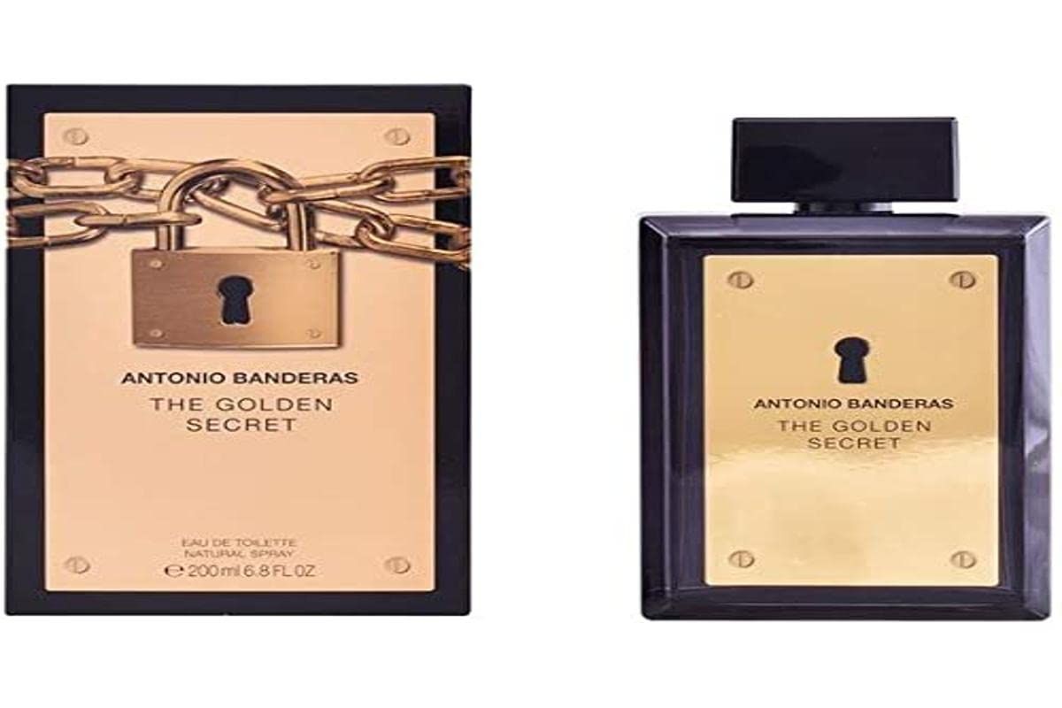 Schwarzer Flakon und Verpackung. Goldfarbene Platte mit Schlüsselloch. Kette und Schloss auf der Verpackung. Text: Antonio Banderas, The Golden Secret.