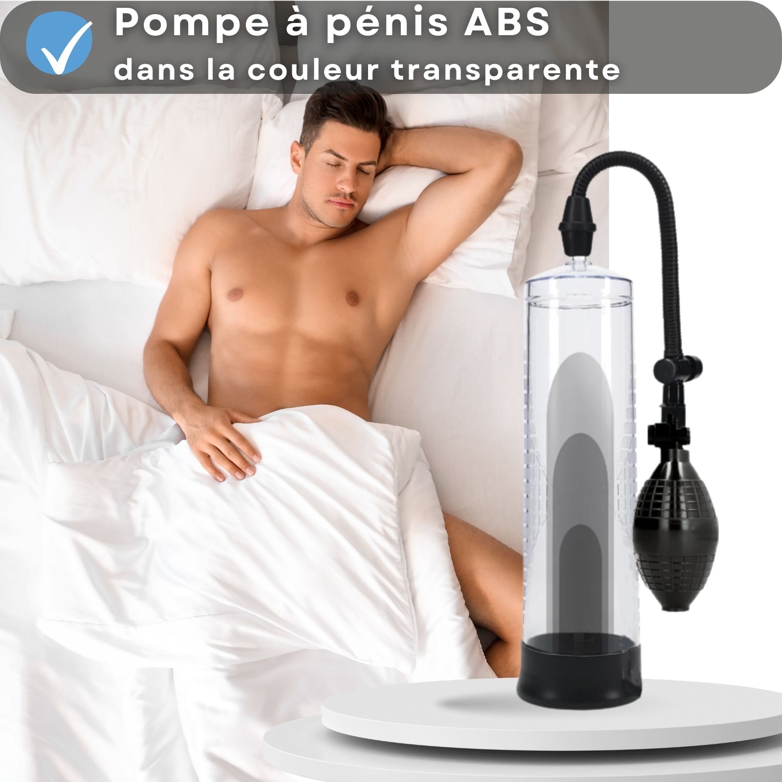 Pompe à pénis avec poire. Homme au lit.