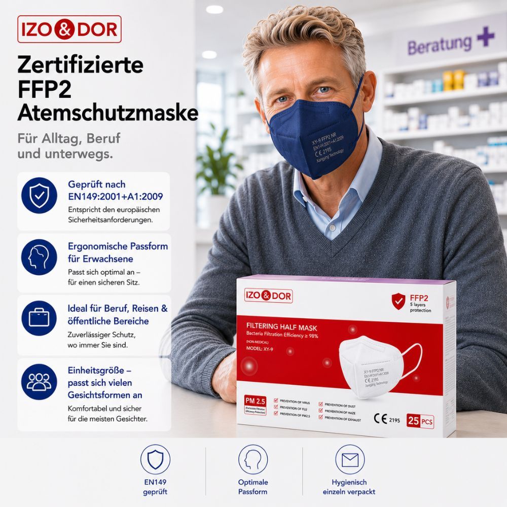 Mann mit blauer FFP2-Maske, IZO & DOR Zertifizierte Atemschutzmaske.