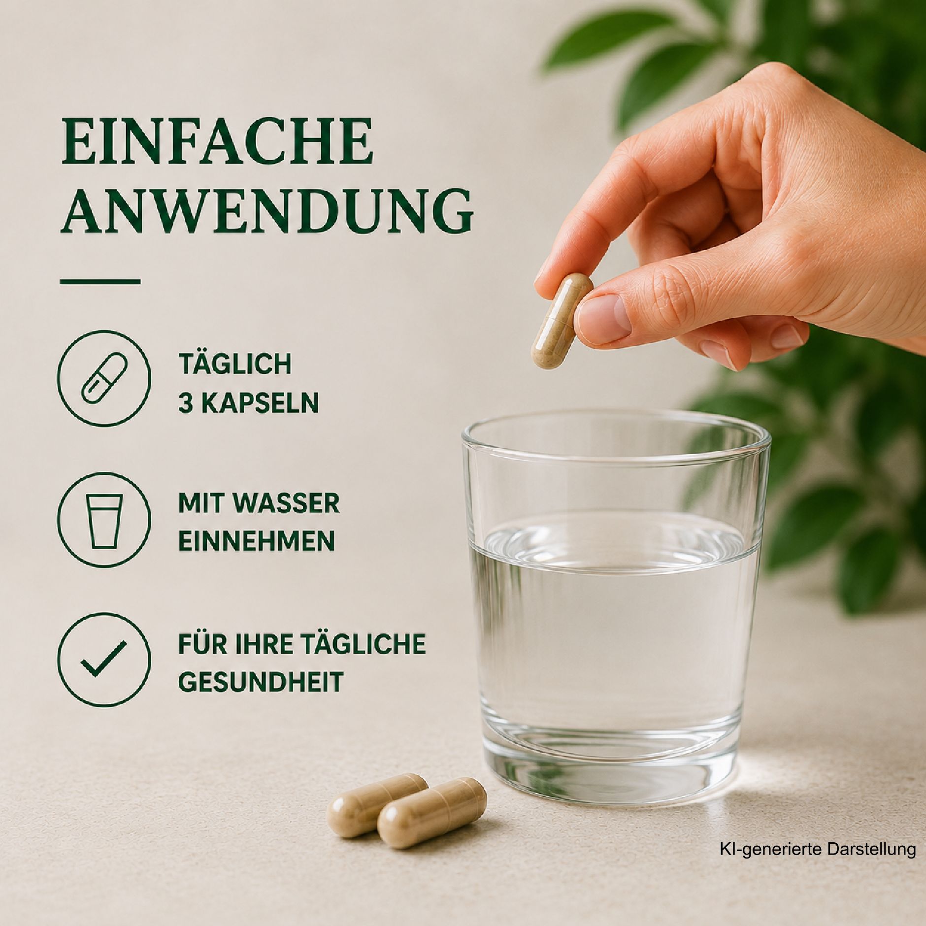 Hand nimmt Kapsel über Glas Wasser. Text: Einfache Anwendung, täglich 3 Kapseln.