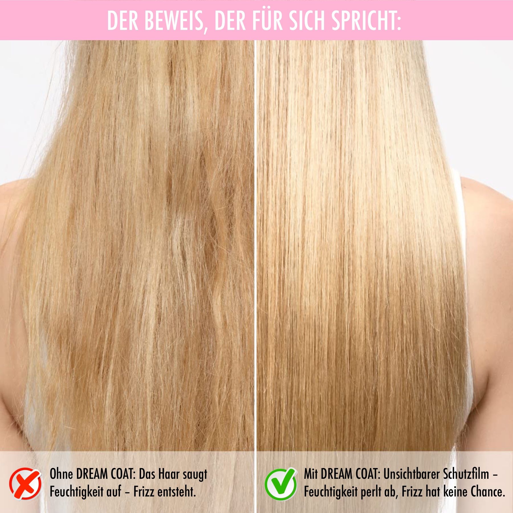 Haar vor und nach der Anwendung von Dream Coat. Text: Ohne Dream Coat: Frizz. Mit Dream Coat: Schutz. Blondes Haar.
