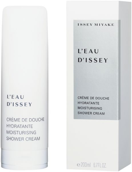 Weißer Behälter und Verpackung. Aufschrift: ISSEY MIYAKE, L'EAU D'ISSEY, Crème de Douche Hydratante, Moisturising Shower Cream.