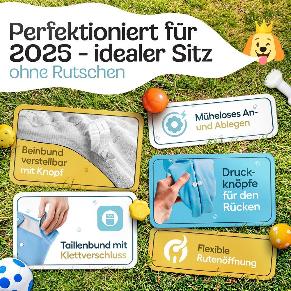 Windel mit Knöpfen, Klettverschluss, flexible Rutenöffnung. Text: Perfekt für 2025.