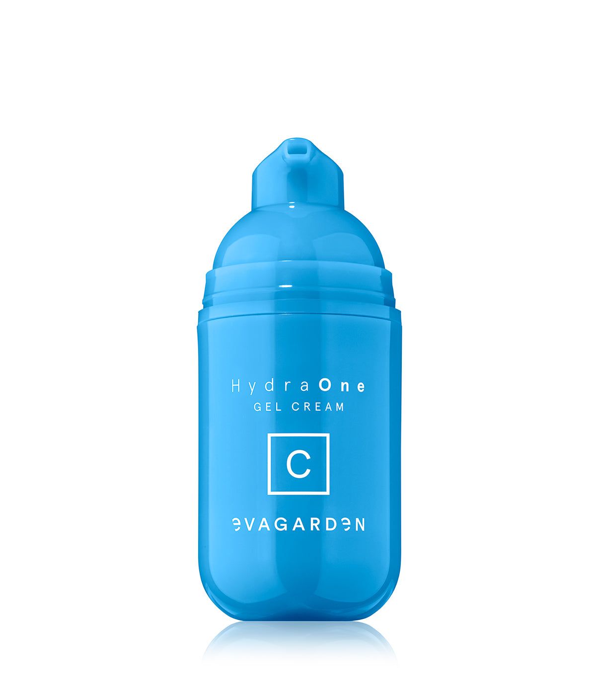 Blaue Flasche mit HydraOne Gel Cream und Evagarden-Logo.