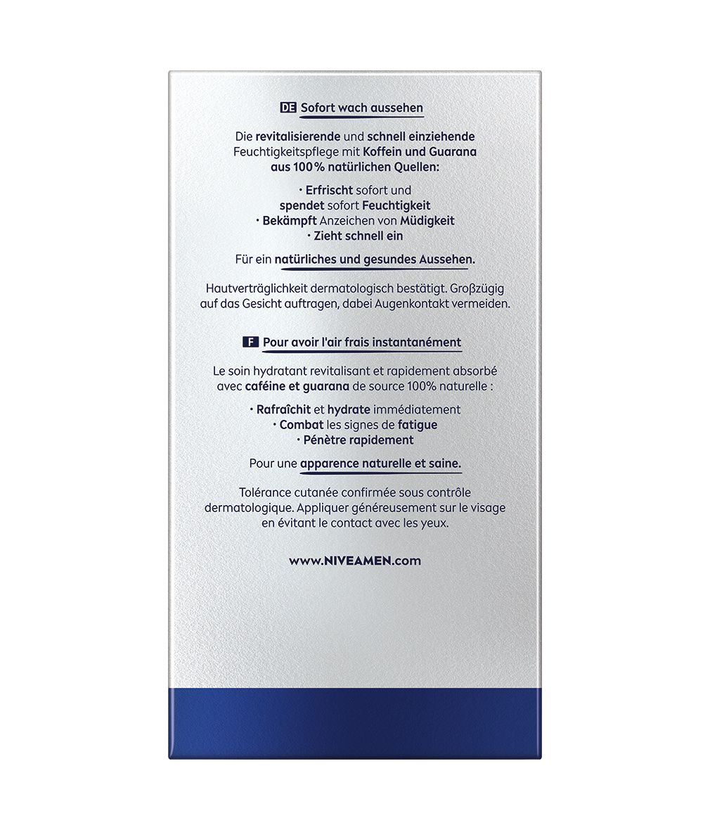 Rückseite der NIVEA MEN Active Energy Verpackung. Text in Deutsch und Französisch. Enthält Informationen über das Produkt.