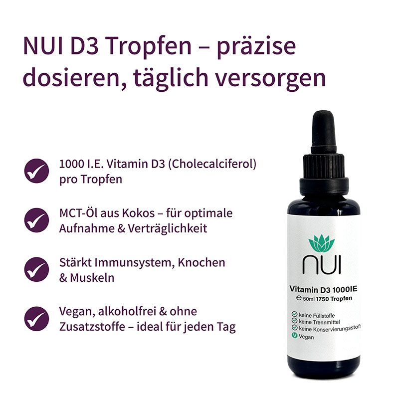 NUI D3 Tropfen Flasche. 1000 IE Vitamin D3 pro Tropfen. Vegan, ohne Alkohol und Zusatzstoffe. Für tägliche Versorgung.